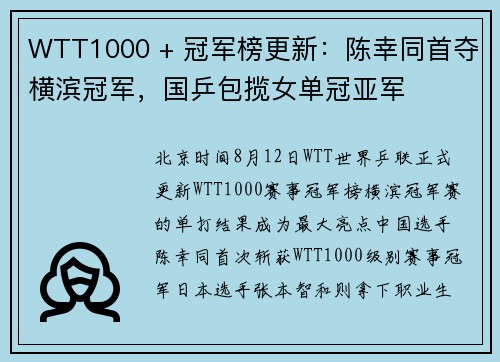 WTT1000 + 冠军榜更新：陈幸同首夺横滨冠军，国乒包揽女单冠亚军