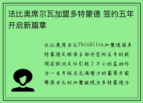 法比奥席尔瓦加盟多特蒙德 签约五年开启新篇章