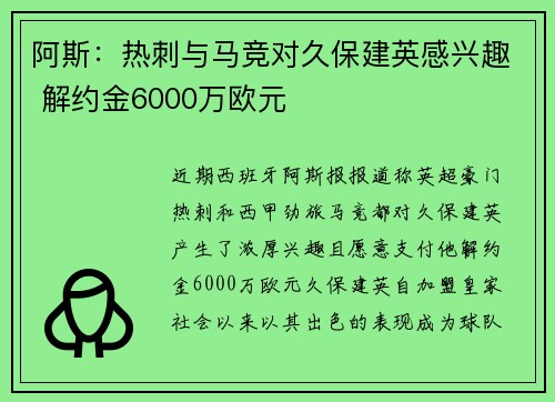 阿斯：热刺与马竞对久保建英感兴趣 解约金6000万欧元