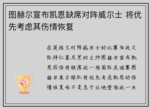 图赫尔宣布凯恩缺席对阵威尔士 将优先考虑其伤情恢复 图赫尔宣布凯恩缺席对阵威尔士 将优先考虑其伤情恢复